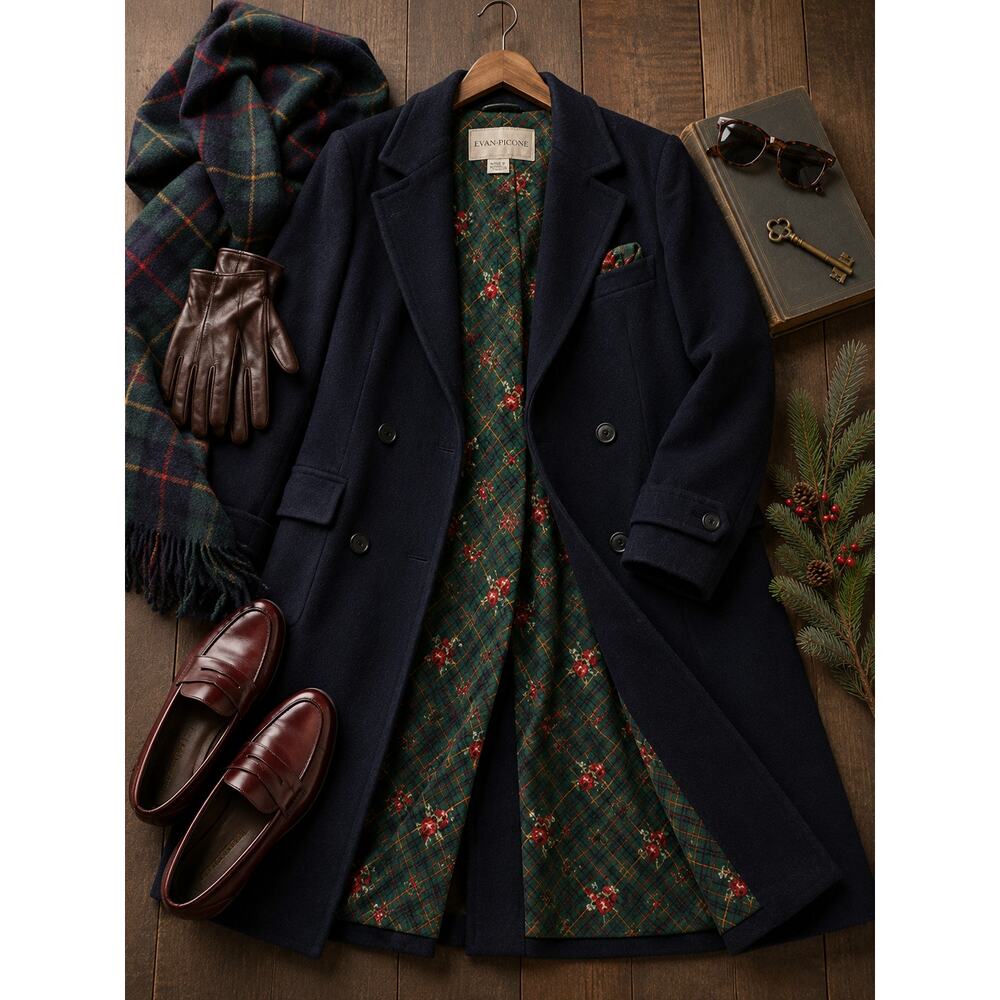 Vintage Evan Picone 100% Wool Double Breasted Long Overcoat Made USA M/L - Picture 5 of 12